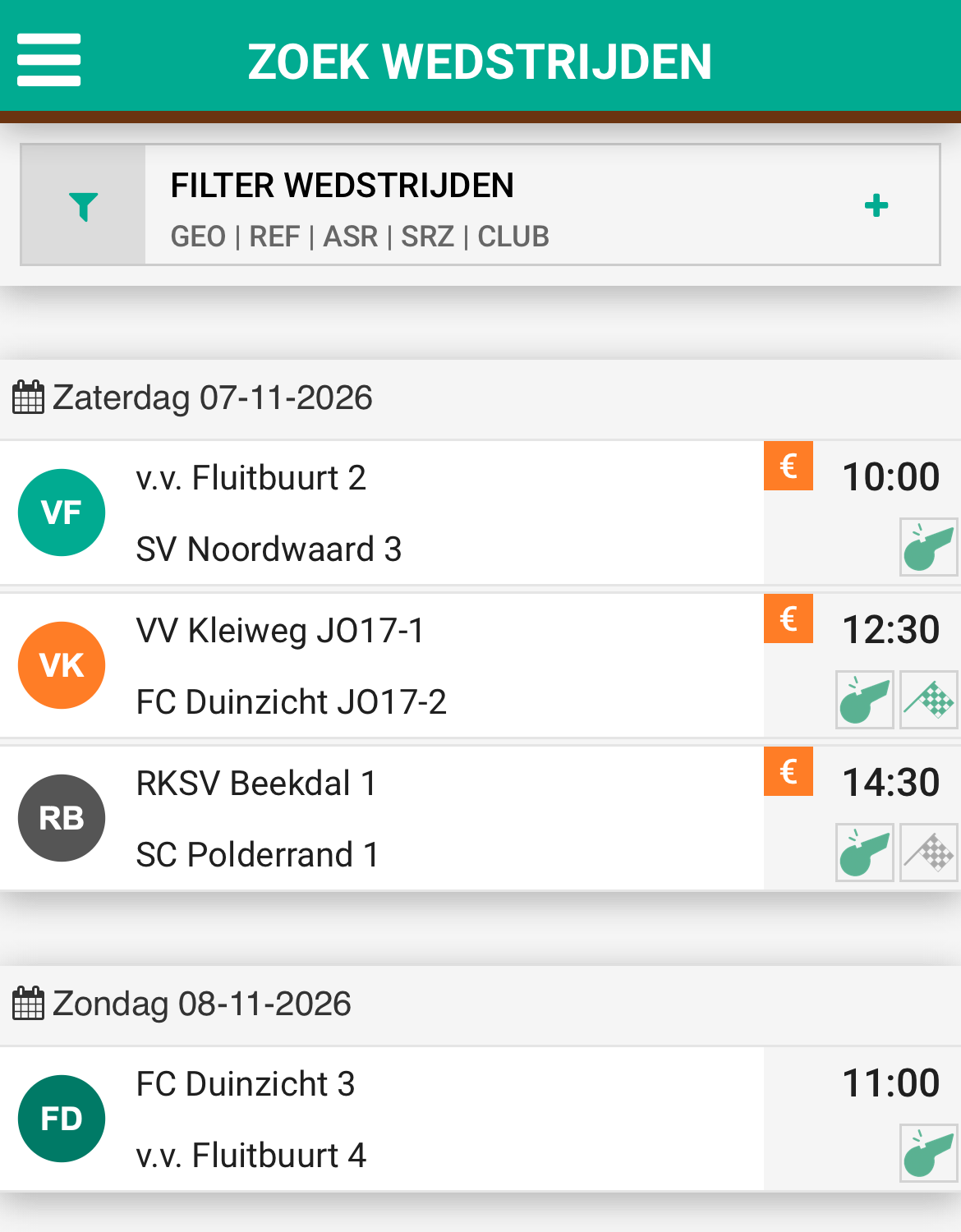 Zoek wedstrijden in de app van Arbitrage online